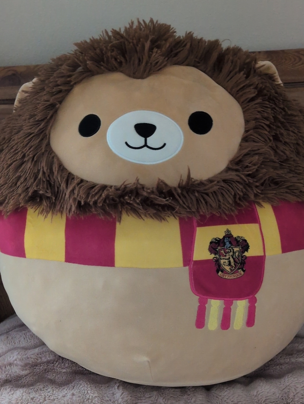 Plush Lion Squishmallow with Red, Brown & Yellow Striped Scarf